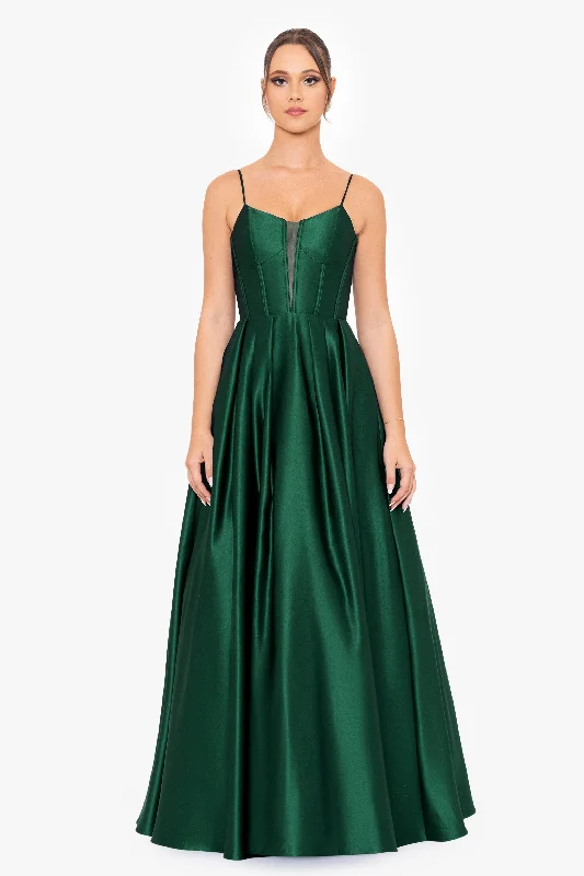 women's apple-shaped body dresses"Carol" Long Satin Mesh Insert Ballgown