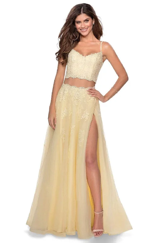 women's cinched-waist dressesLa Femme - 2871SC Embroidered V-Neck Two Piece Gown With Slit