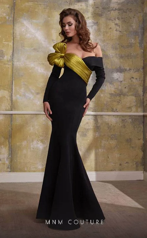 women's bodycon dressesMNM Couture N0566 - Off Shoulder Bow Long Gown