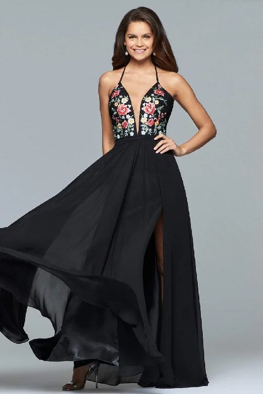 women's halter dressesFaviana - Plunging Floral Embroidered Chiffon Gown 10000