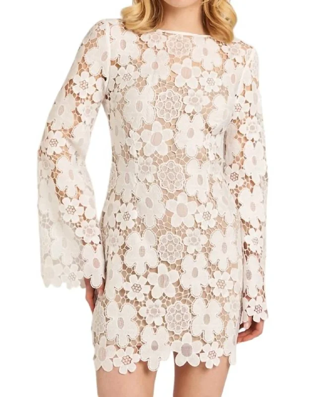 women's versatile dressesFloral Lace Bell Sleeve Mini Dress In White/nude