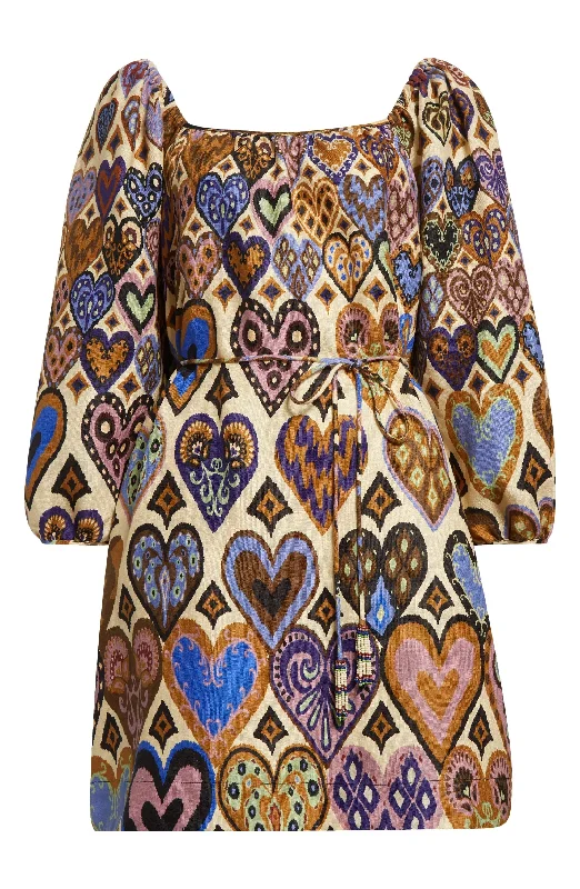 women's empire-line dressesFarm Rio Women's Long Sleeve Mini Dress, Hearts Ikat Cream