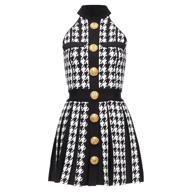 women's bow dressesBalmain houndstooth lion button halter mini dress