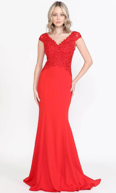 women's petite dressesPoly USA 8558 - Embroidered Jersey V-Neck Evening Dress