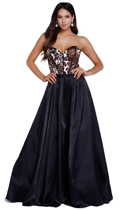 women's velvet dressesNox Anabel - 8230 Corset Boned Leopard Print Evening Gown