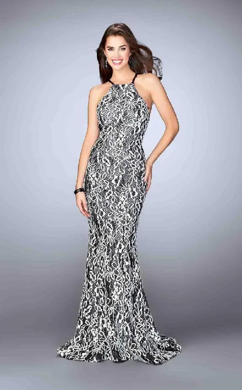 women's curve-hugging dressesLa Femme - 23848 Refined Contrast Lace Halter Long Evening Gown