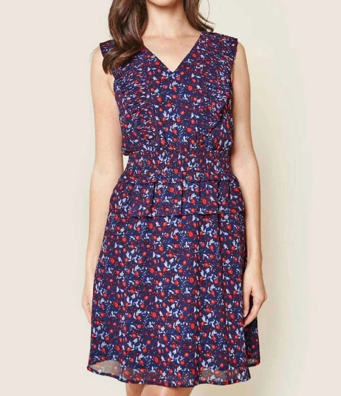 women's fashionable dressesFloral Print Ruffled Mini Dress In Navy