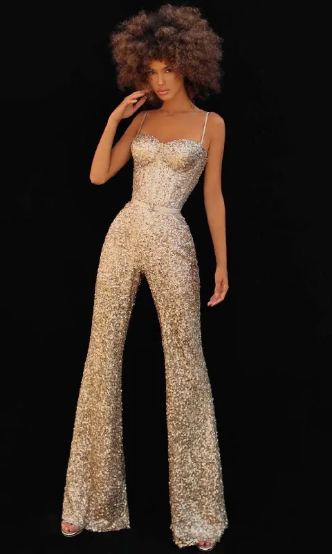 women's spaghetti strap dressesTarik Ediz - Sweetheart Sequin Evening Jumpsuit 51163