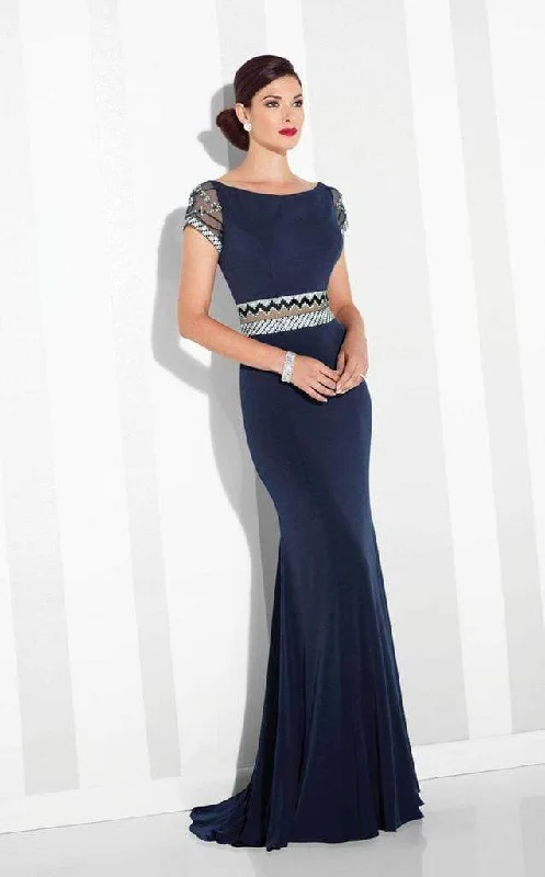 women's statement dressesMon Cheri - Patterned Beaded Illusion Sheath Evening Dress 117624 - 1 pc Navy In Sizes 10 Available