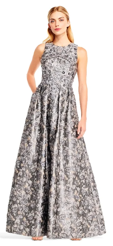 women's machine-washable dressesAidan Mattox - Bedazzled Jewel Brocade Pleated Evening Gown MD1E201399 - 1 pc Silver Grey in Size 0 Available