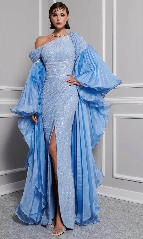 women's glam dressesMNM Couture F02816A - Detachable Sleeve Asymmetric Evening Gown