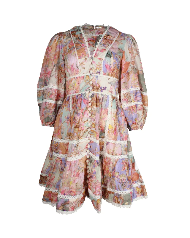 women's sustainable dressesZimmermann Cira Lantern Puff-sleeve Floral Mini Dress in Multicolor Linen