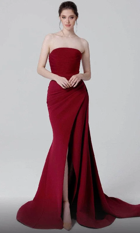 women's empire waist dressesMNM Couture N0464 - Strapless Wrap Slit Evening Dress