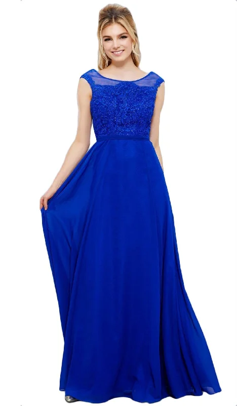 women's tall dressesNox Anabel - 8314 Elegant Lace Bodice Scoop Back Chiffon A-Line Evening Gown