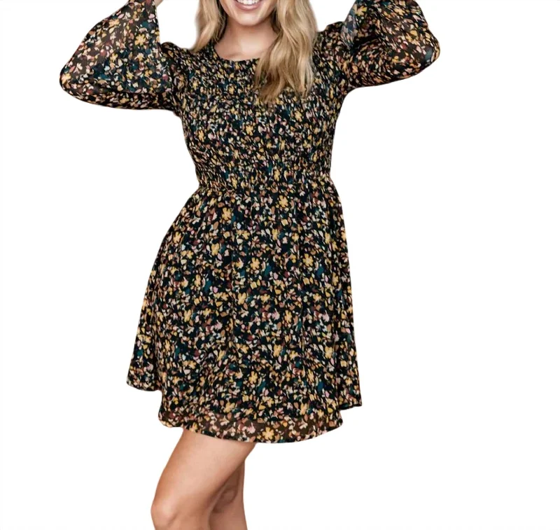 women's wrinkle-resistant dressesEllamore Smocked Mini Dress In Black Floral