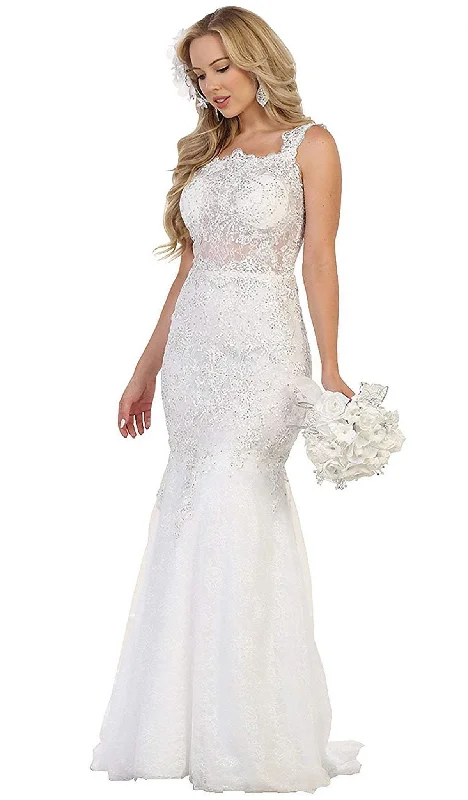 women's one-shoulder dressesMay Queen - RQ7544 Beaded Lace Square Neck Trumpet Evening Dress