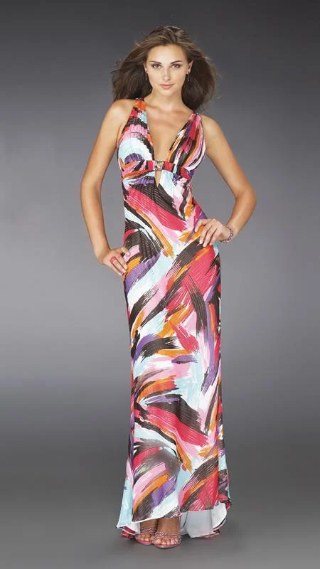 women's empire waist dressesLa Femme - 14319 Deep V-neckline Printed Evening Dress