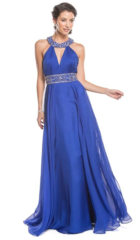 women's empire-line dressesAspeed Design - Embellished Halter Ruched A-Line Evening Dress