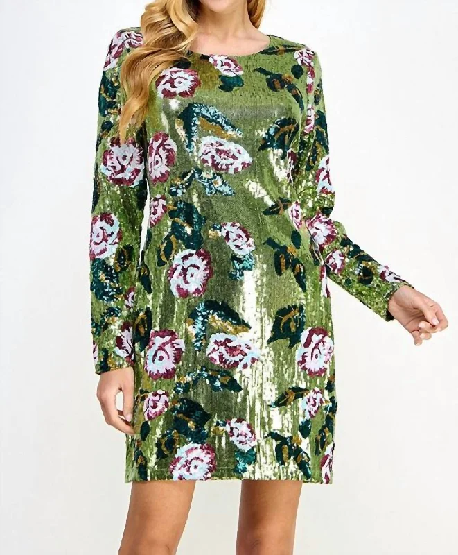 women's affordable dressesFloral Sequin Long Sleeve Mini Dress In Green