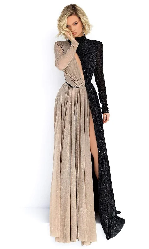 women's spaghetti strap dressesTarik Ediz - Two-Tone Long Sleeves Evening Dress 50902