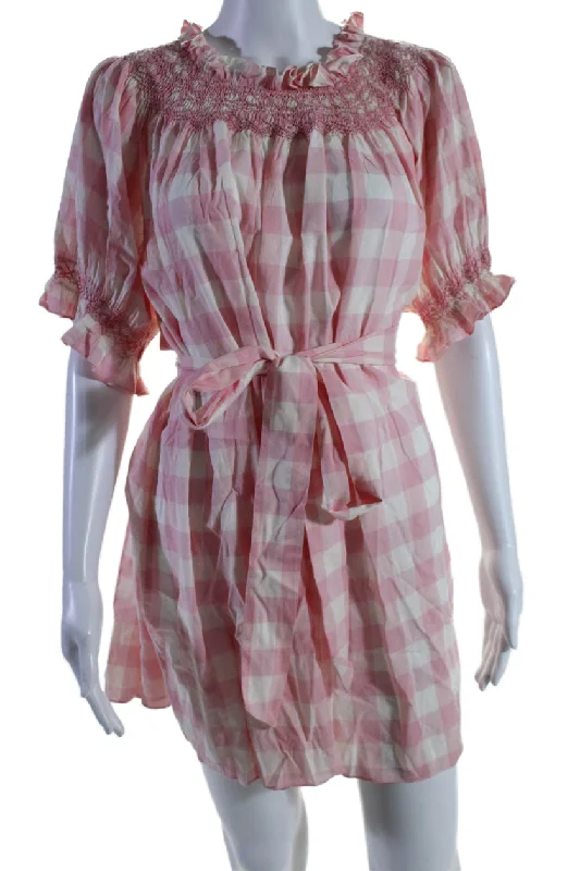 women's petite dressesDoen Womens Elastic Neckband Tie Up Halter Checkered Mini Dress Pink