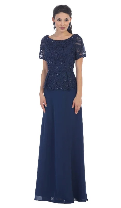 women's bespoke dressesMay Queen - MQ-1427 Short Sleeve Embroidered Bateau Neck A-line Evening Dress