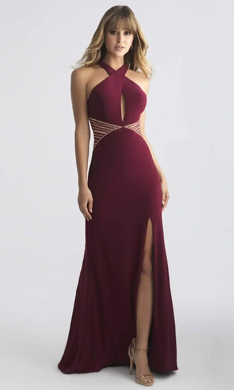 women's wrap dressesMadison James - 18-661 Fitted Halter Neck Keyhole Cutout Evening Dress - 1 pc Wine in Size 00 Available