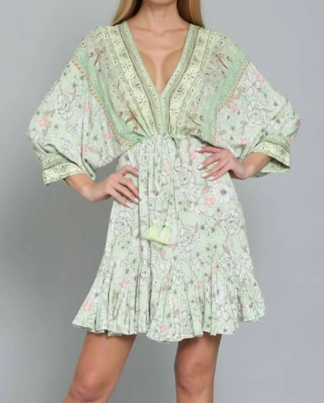 women's wedding guest dressesDolman Sleeve Tie Front Waist Border Print Mini Dress In Pale Green Multi