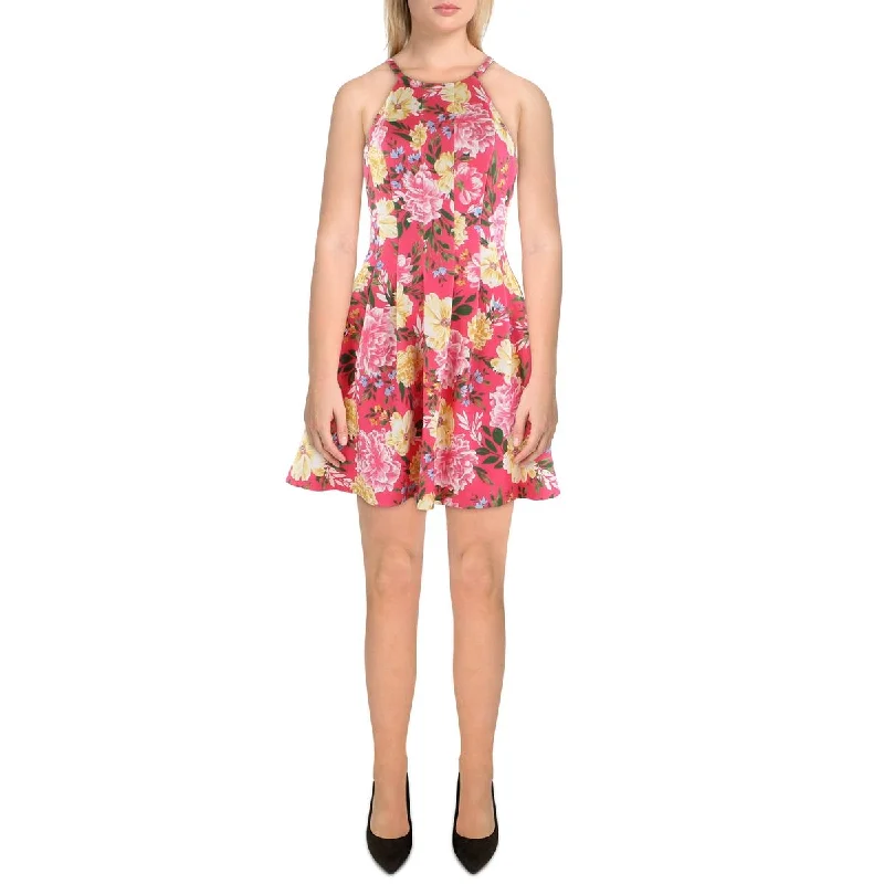 women's glam dressesPetites Womens Floral Print Mini Fit & Flare Dress