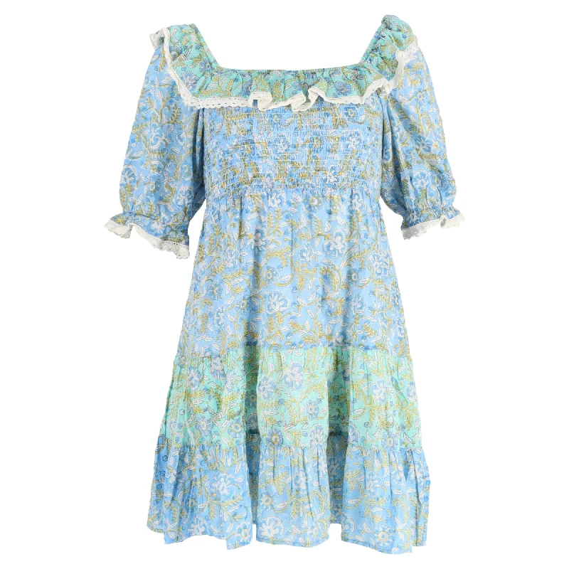 women's breathable dressesRixo Harlow Floral Tiered Mini Dress in Light Blue Cotton