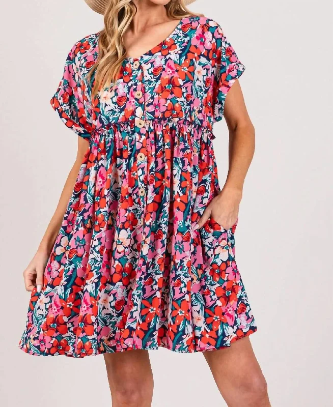 women's easy-to-wear dressesFloral Button Down Short Sleeve Mini Dress In Multi