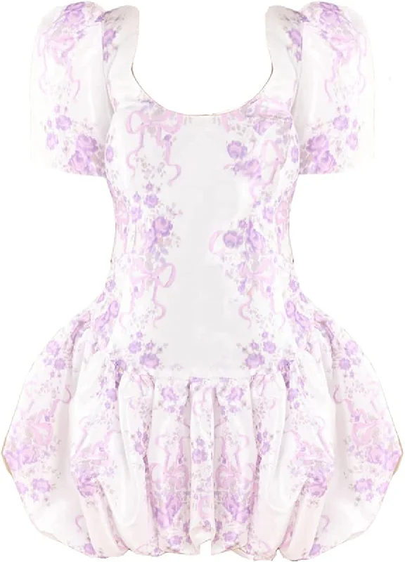 women's wrap dressesLOVESHACKFANCY Women Nelisia White Purple Floral Print Bubble Hem Mini Dress