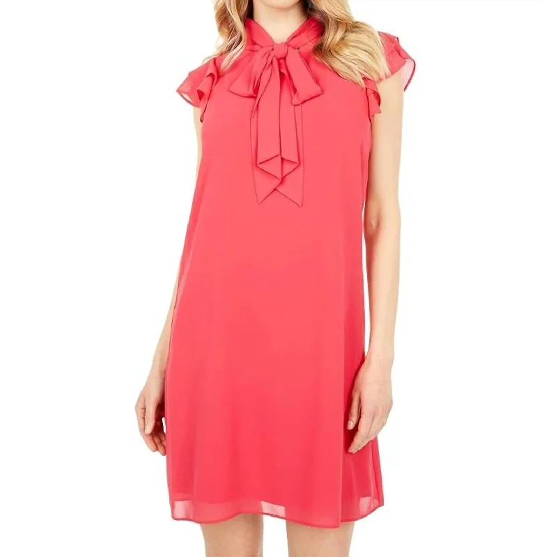 women's maxi dressesRuffle Tie Neck Chiffon Mini Dress In Pink