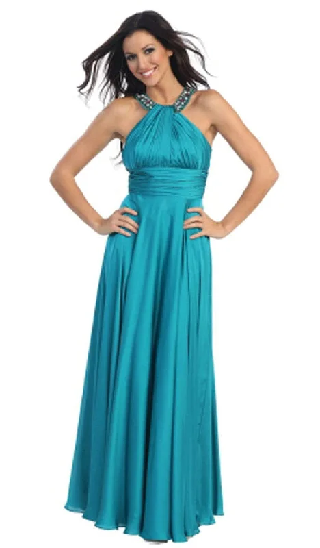 women's pear-shaped body dressesAspeed Design - Jeweled Halter Neck Ruched A-line Evening Dress