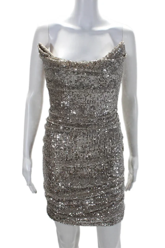 women's satin dressesReem Acra Womens Metallic Sequined Ruched Backless Mini Dress Silver