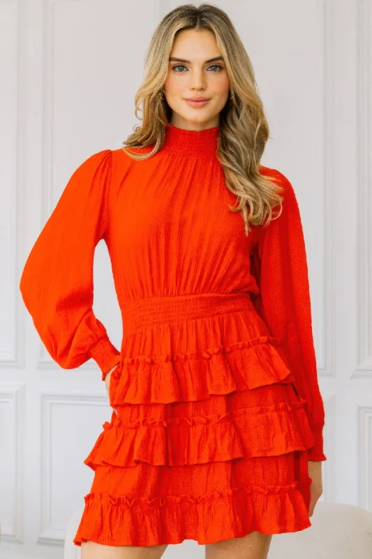 women's pear-shaped body dressesLong Sleeve Smocked Neck Tiered Ruffle Mini Dress