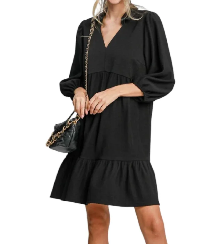 women's shift dressesTiered Ribbed Knit Mini Dress In Black