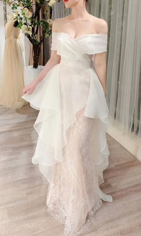 women's halter dressesOff The Shoulder White Wedding Dress,White Tulle Bridal Dress Y2081