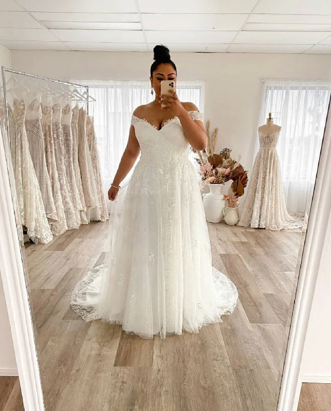 women's one-shoulder dressesPlus Size A-Line Wedding Dress Off The Shoulder Lace Appliques Tulle Backless Floor Length Sweep Bridal Gown vestido de noiva,MW039