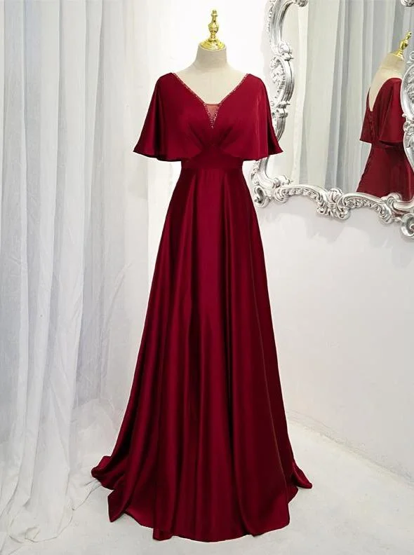 women's floral dressesDark Red Satin A-line Floor Length Evening Dress, Wedding Guest Dresses Y1439