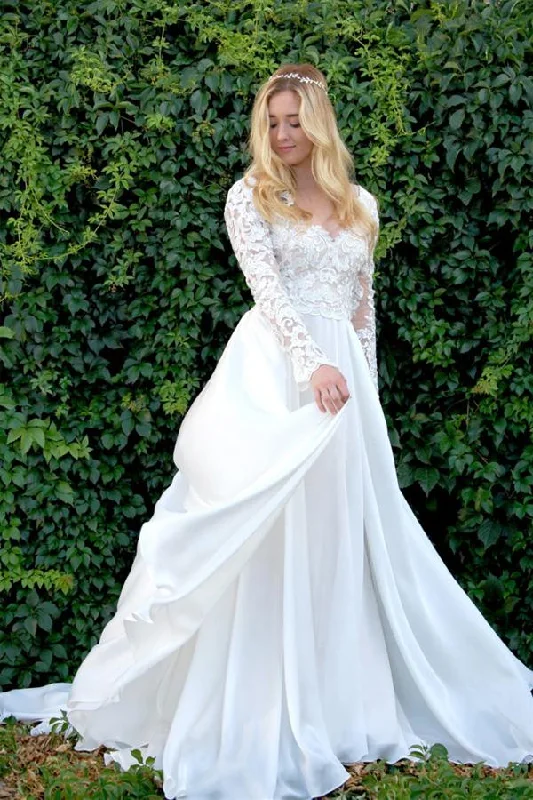 women's long-sleeved dressesA-Line V-Neck Long Sleeves Wedding Dress with Lace Appliques