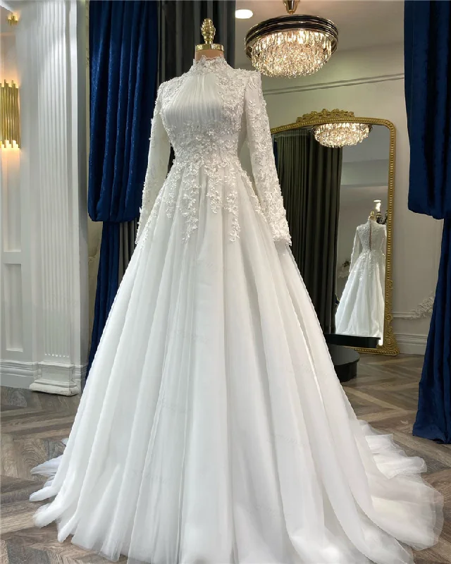 women's ethical fashion dressesElegant Muslim Wedding Dress For Bride Appliques Flowers Arabic Dubai Long Sleeves Bridal Dress Y4444