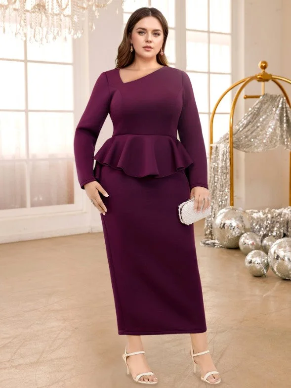 women's body-skimming dressesAOMEIDRESS Purple maxi Dress Asymmetrical Neck Long Sleeve Peplum