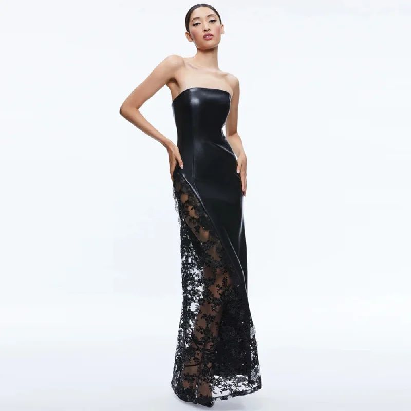 women's hourglass figure dressesStrapless PU&Lace Splicing Maxi Dress ZNSBA1070