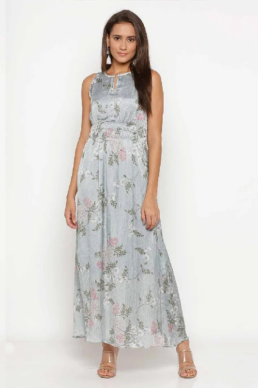 women's work dressesIce Blue Printed Gathered Maxi Dress