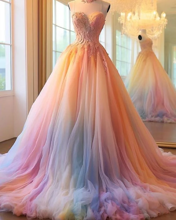 women's solid color dressesRomantic Dip Dye Colored Wedding Dress Y5015