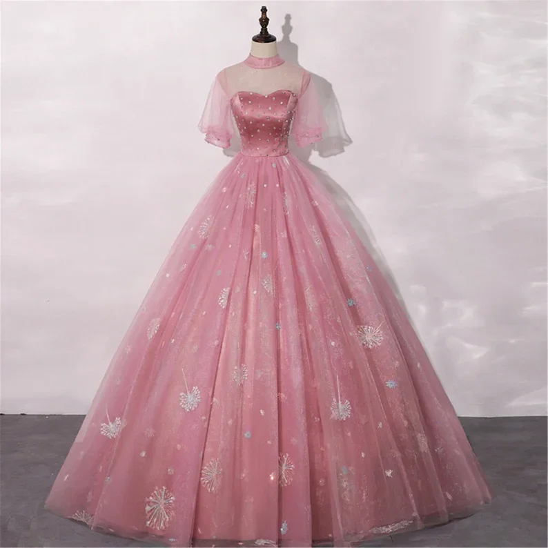 women's apple-shaped body dressesBlush Pink Quinceanera Dress Masquerade Dress A-Line Wedding Dress Floor Length High Neck Bridal Gown Short Sleeves Y2937