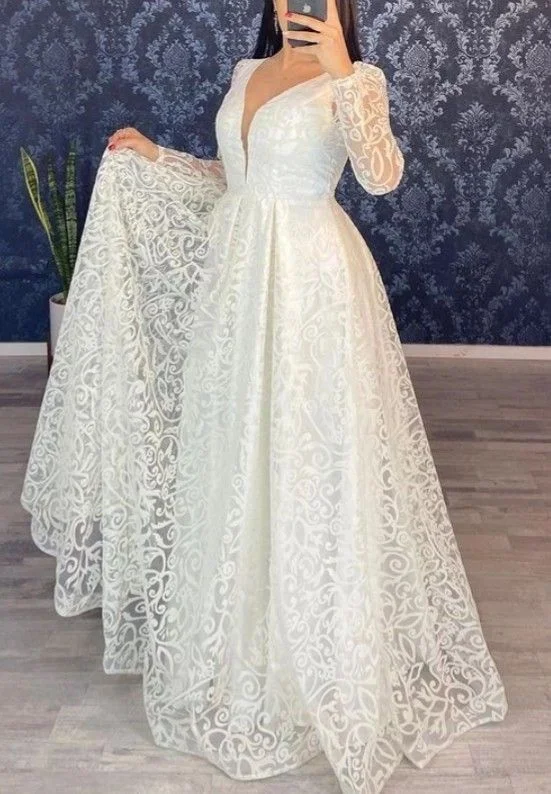 women's pastel dressesLong Sleeve A Line V Neck Lace Wedding Dress Bridal Gown Y5003