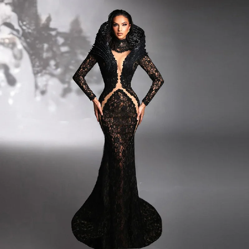 women's shift dressesHigh Neck Long Sleeve Lace Maxi Bodycon Dress HT1140