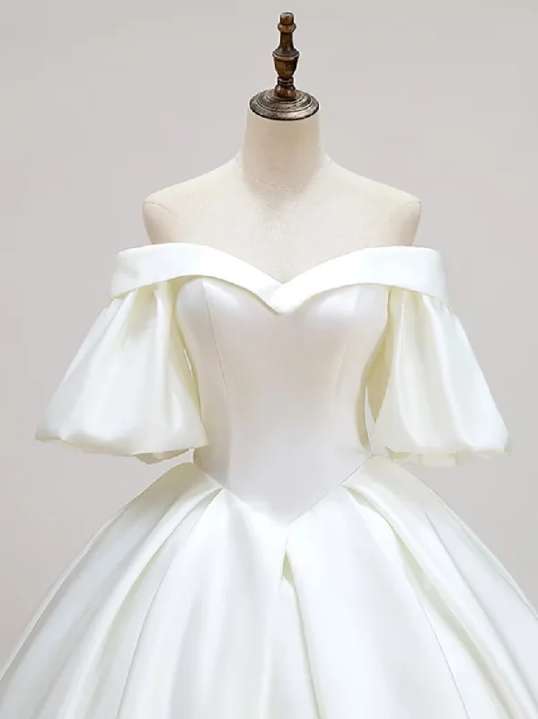 women's striped dressesSimple Off-Shoulder Short Sleeves Wedding Dress Satin Chapel Train Ball Gown Bridal Dress Y2388